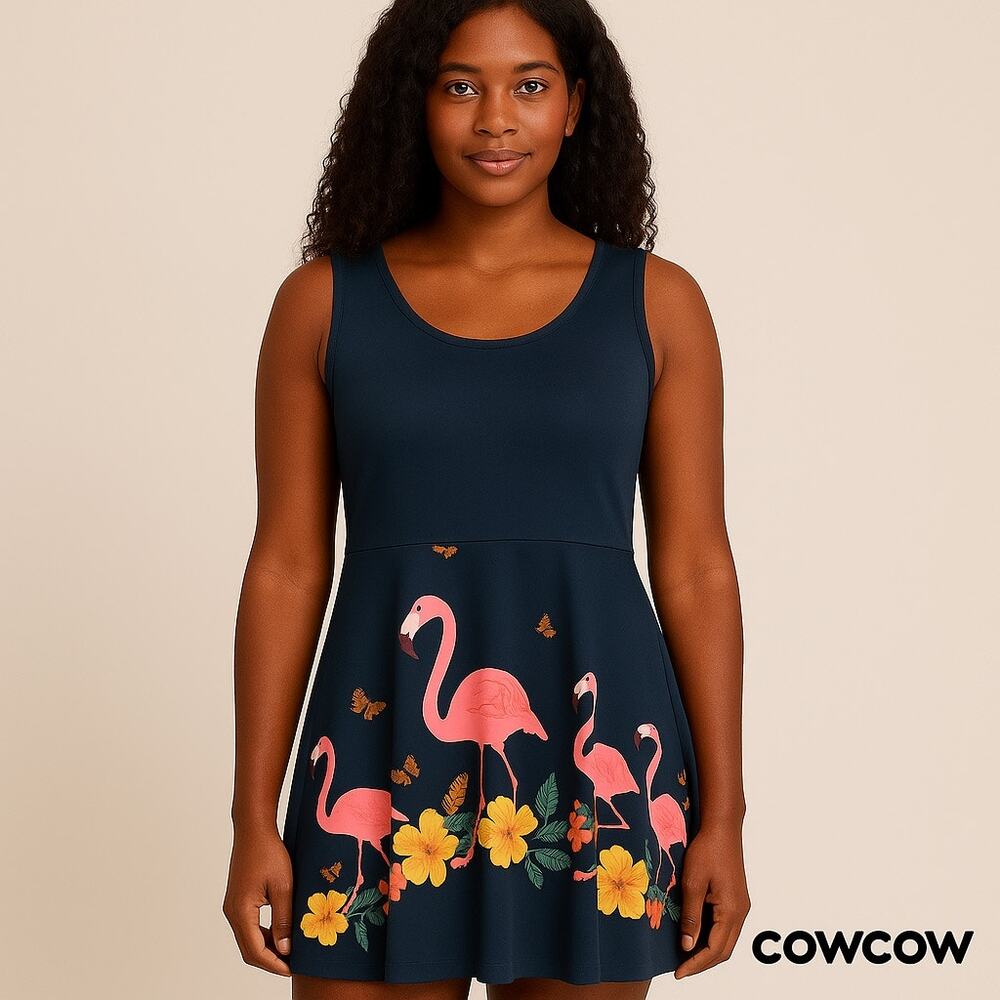 Cowcow Aegean Blue Dress w/Flamingos, Flowers & Butterflies Sz. 2X